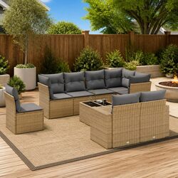 Durable 9 Piece Garden Sofa Set with Beige Cushions