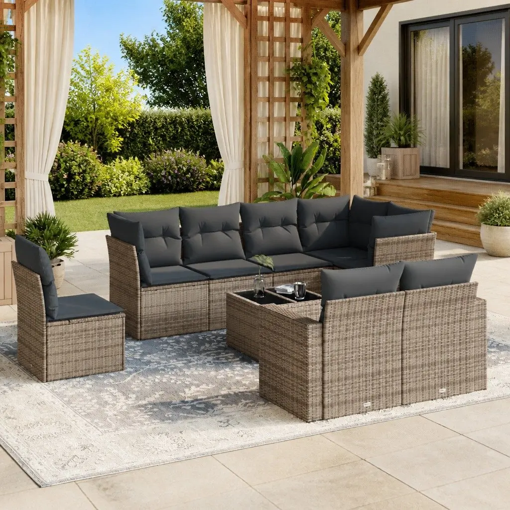 9 Piece Grey Poly Rattan Garden Sofa Set