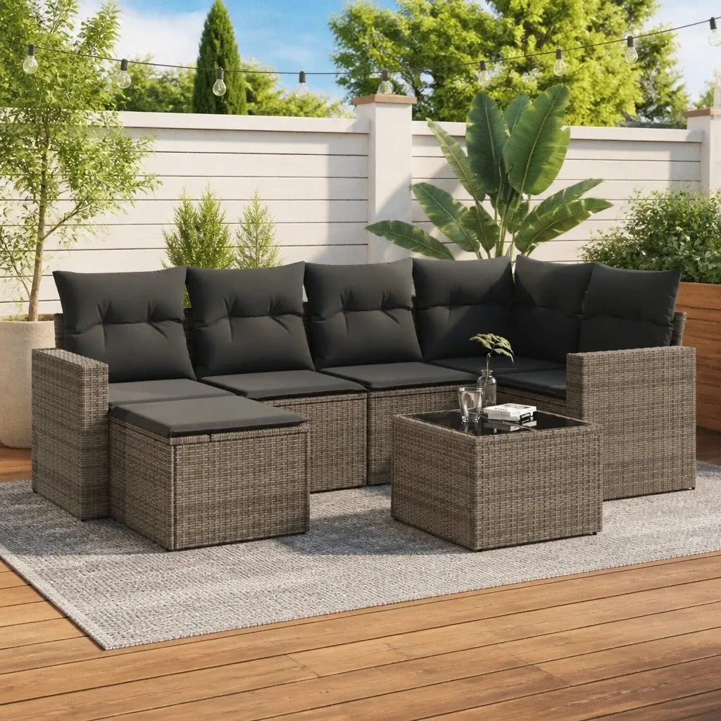 Garden Sofa Set PE Rattan 7 Piece Outdoor Furniture Grey with Cushions Table