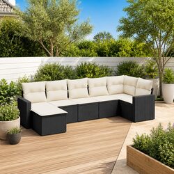 Durable 7 Piece Black Poly Rattan Garden Sofa Set