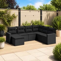 7 Piece Black Poly Rattan Garden Sofa Set with Cushions