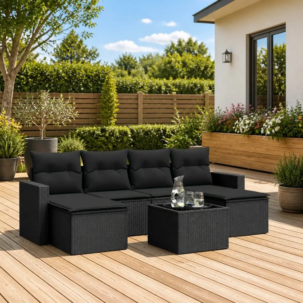 7 Piece Outdoor Sofa Set with Cushions in Black Rattan