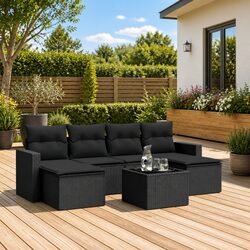 Premium 7 Piece Outdoor Sofa Set with Cushions in Black Rattan