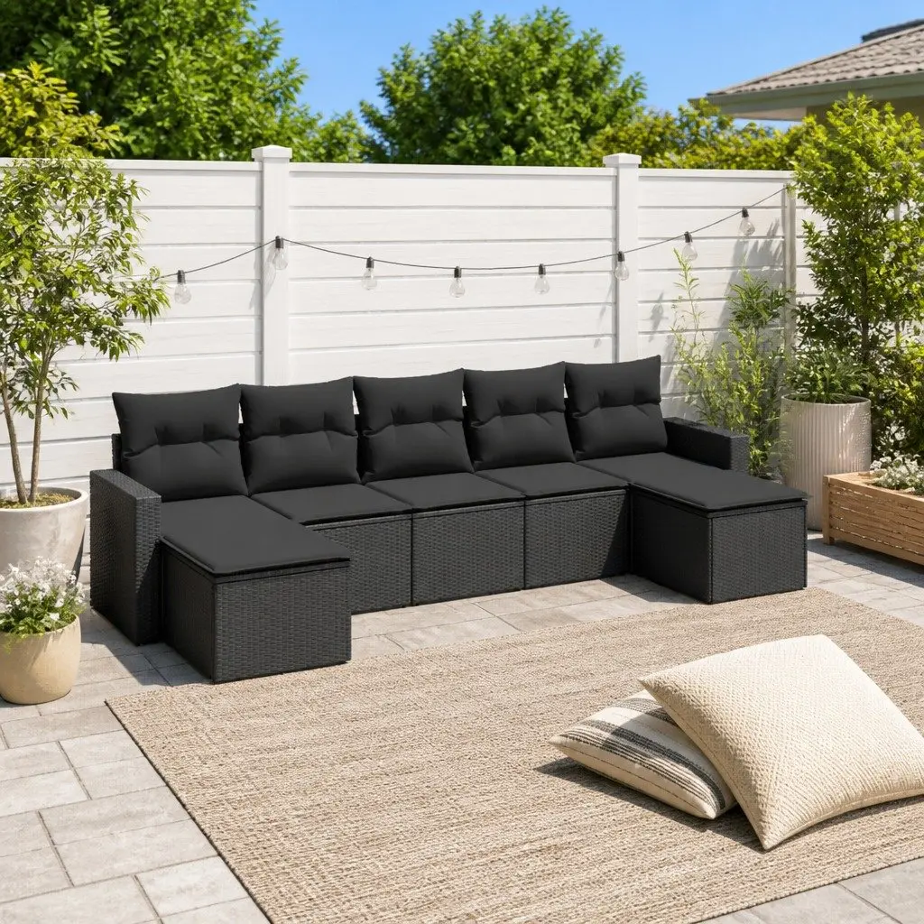 7 Piece Garden Sofa Set PE Rattan Modular Outdoor Furniture Black with Cushions