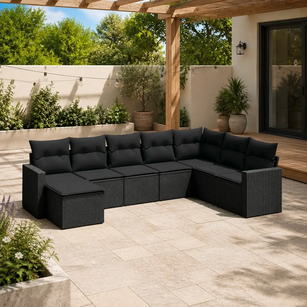 Garden Sofa Set PE Rattan 8 Piece Outdoor Furniture Patio Lounge Black with Cushions