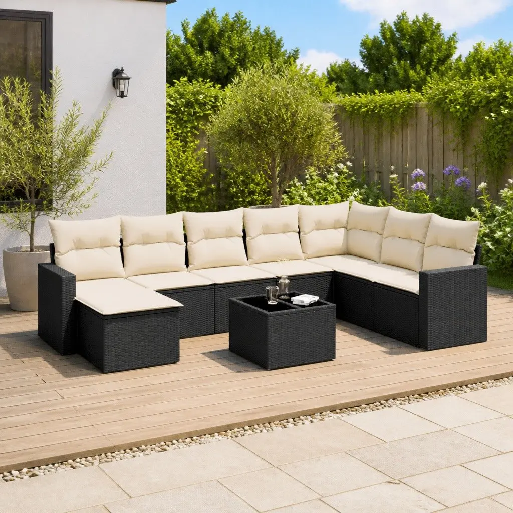 9 Piece Garden Sofa Set PE Rattan Black with Cushions
