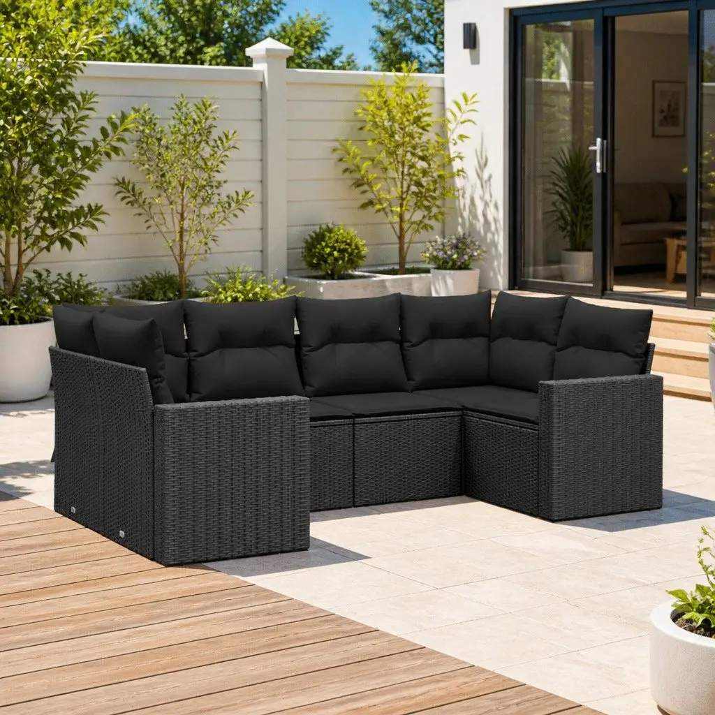 6 Piece Garden Sofa Set PE Rattan Outdoor Furniture Black with Cushions