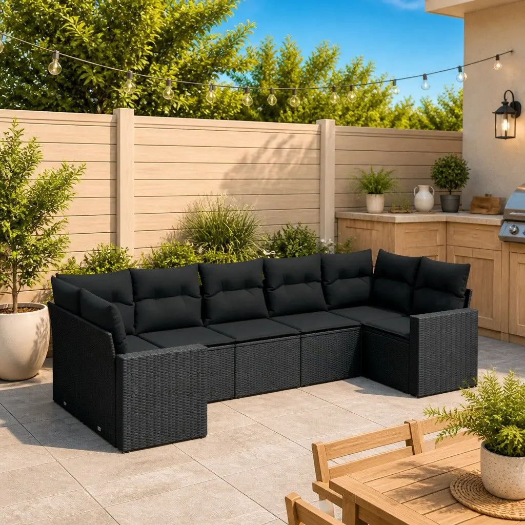 Garden Sofa Set PE Rattan 7 Piece Outdoor Furniture Black with Cushions