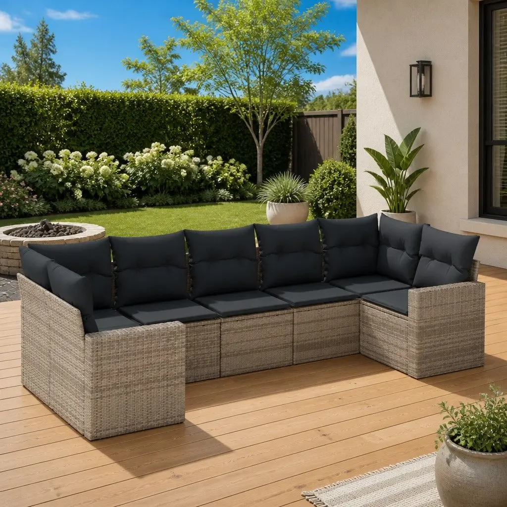 7 Piece Garden Sofa Set PE Rattan Grey Modular Outdoor Patio Furniture