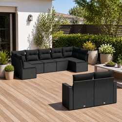 9-Piece Modular Outdoor Sofa Set with Cushions - Black
