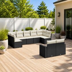 Premium 9 Piece Black Rattan Garden Sofa Set with Cushions