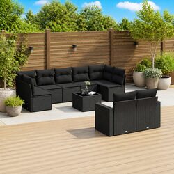 10 Piece Black Rattan Sofa Set with Cushions for Outdoors