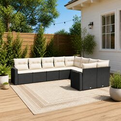 9-Piece Black Rattan Garden Sofa Set with Cushions