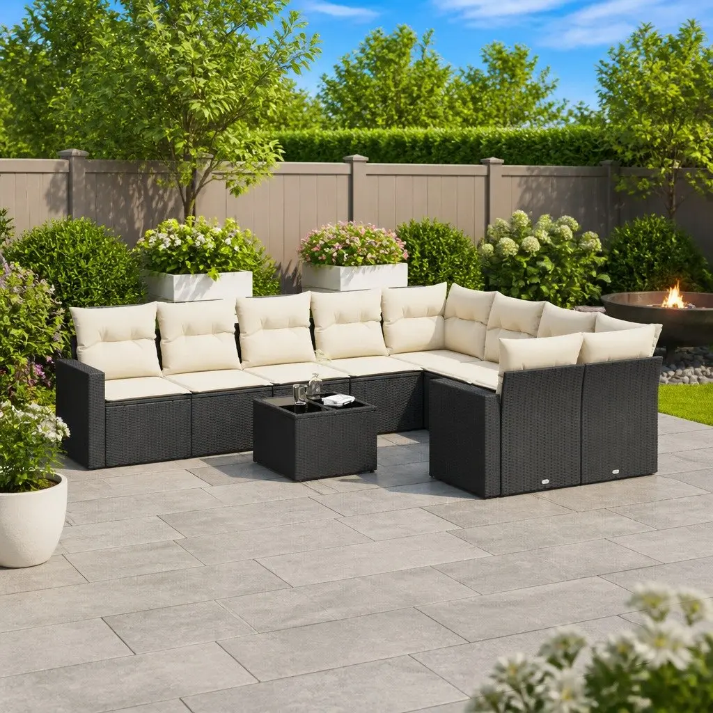 10 Piece Black Poly Rattan Outdoor Sofa Set