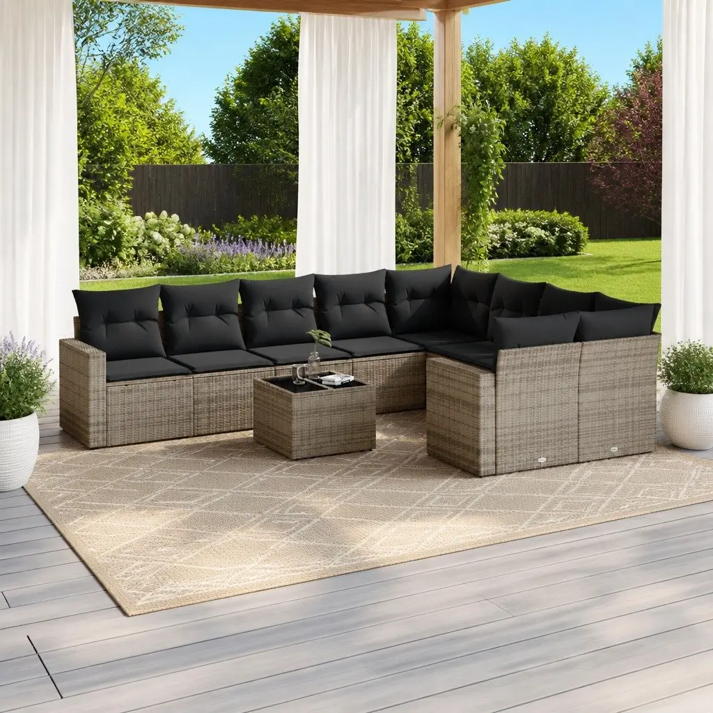 Grey Poly Rattan 10 Piece Garden Sofa Set with Cushions