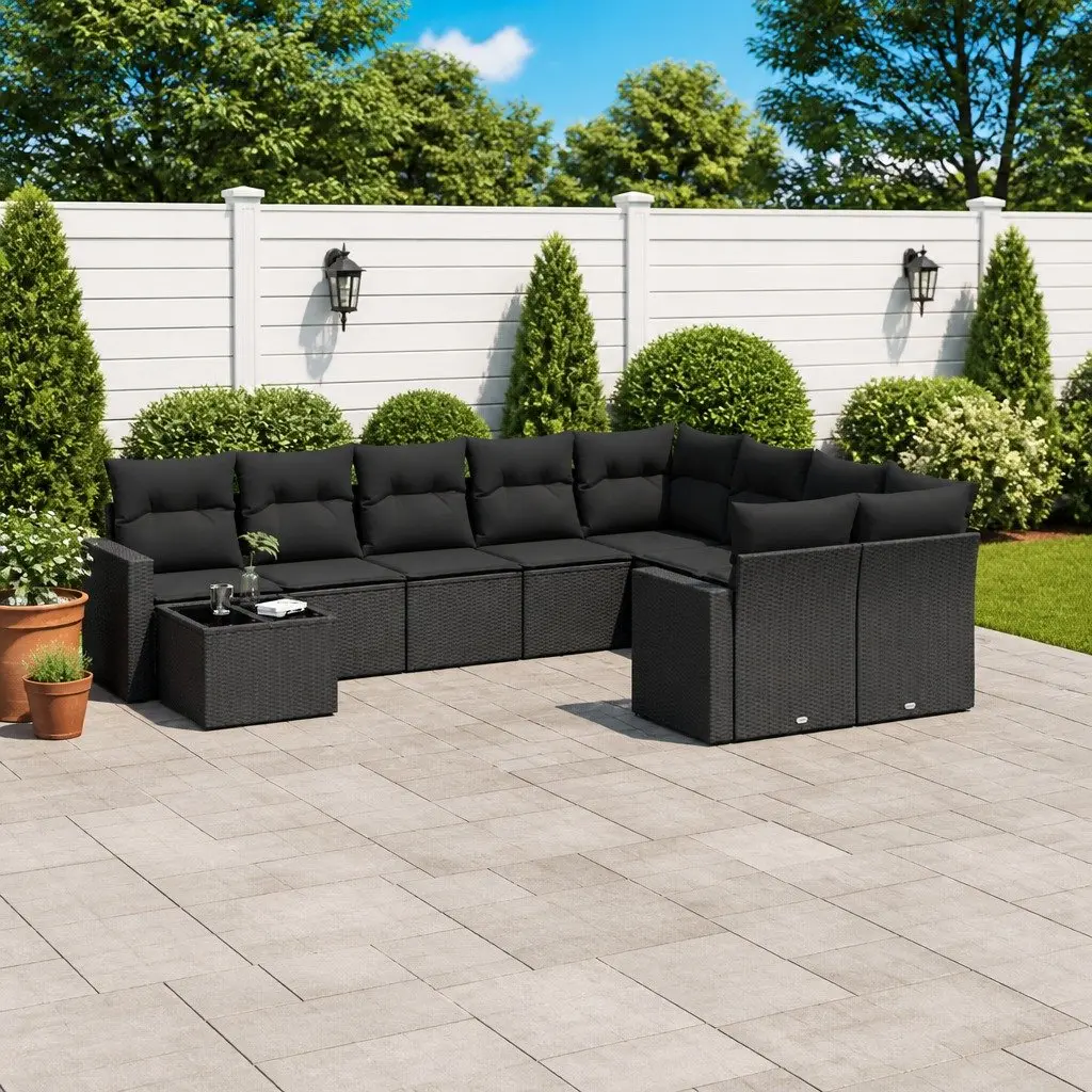 Black 10 Piece Garden Sofa Set with Cushions