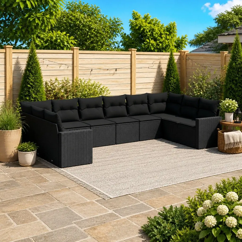 Garden Sofa Set PE Rattan 10 Piece Outdoor Furniture Patio Lounge Black with Cushions