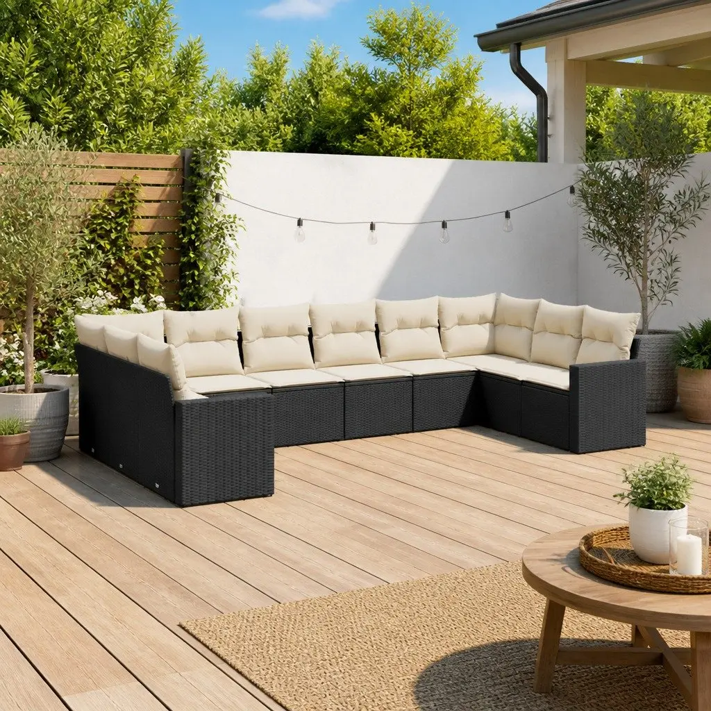 Modular 10-Piece Black Poly Rattan Garden Sofa Set