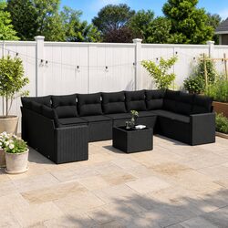 Durable 11-Piece Black Rattan Garden Sofa Set with Cushions