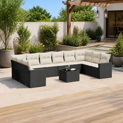 11-Piece Black Poly Rattan Outdoor Sofa Set