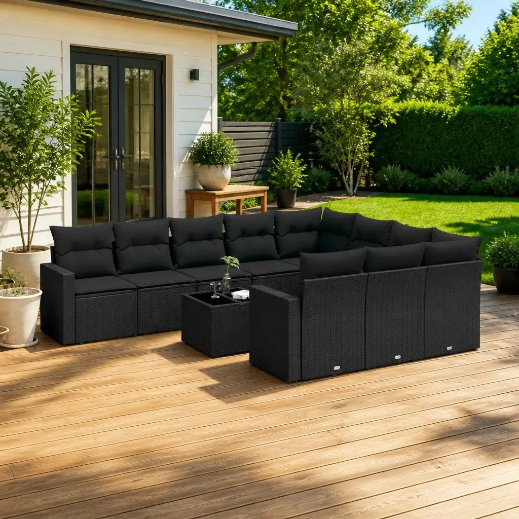11 Piece Outdoor Garden Sofa Set PE Rattan Cushions Black