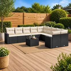 Black 11-Piece Outdoor Garden Sofa Set with Cushions
