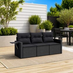 3-Piece Black Poly Rattan Garden Sofa Set with Cushions