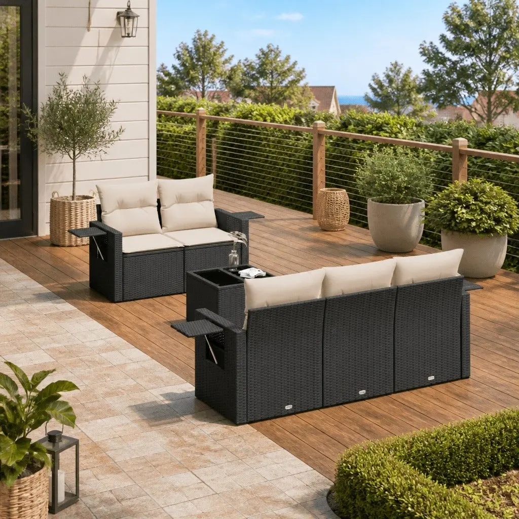 6-Piece Modular Black Garden Sofa Set with Cushions