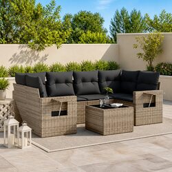 Grey Poly Rattan Garden Sofa Set - 7 Piece Outdoor Lounge