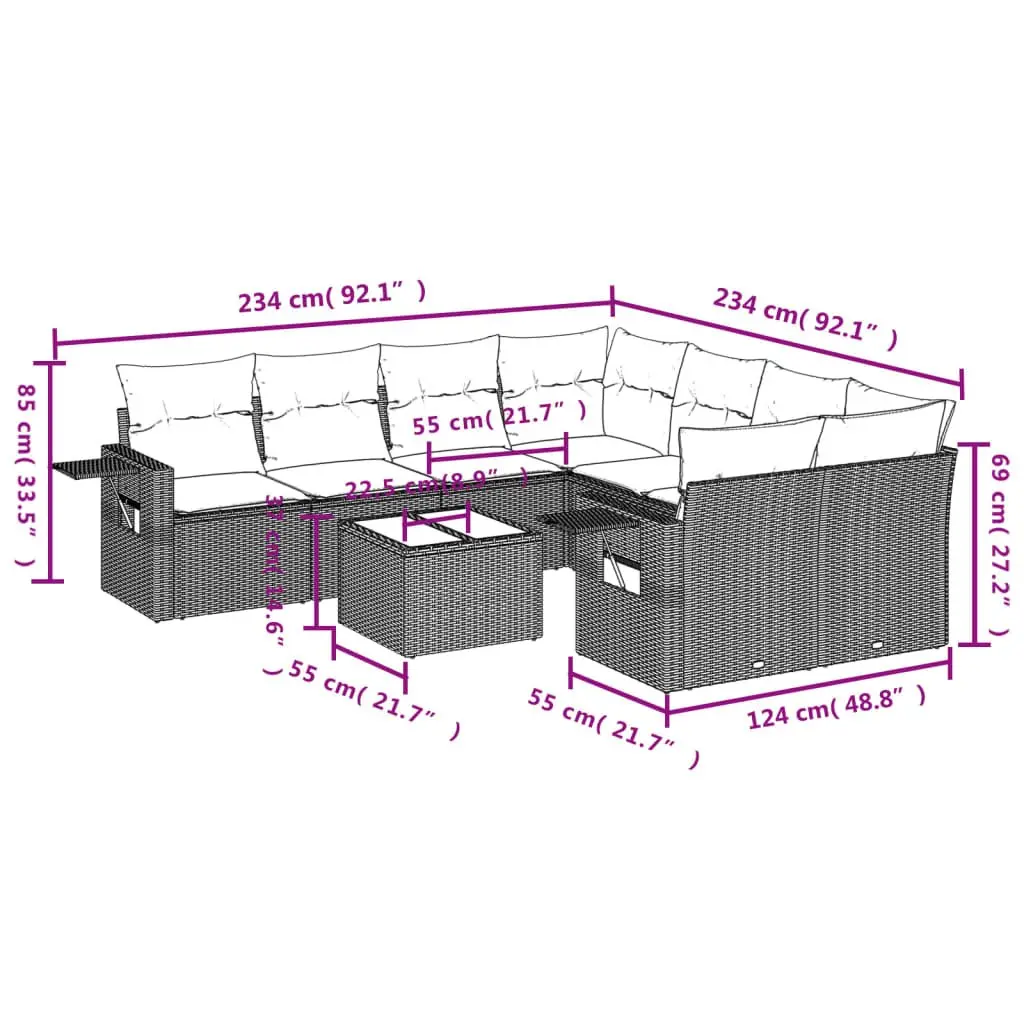Garden Sofa Set PE Rattan 9 Piece Outdoor Furniture Black with Cushions