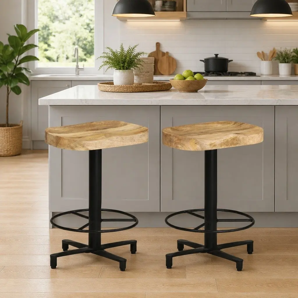 Bar Stools 2 pcs 52 cm Solid Mango Wood Brown Kitchen Counter Seating Footrest