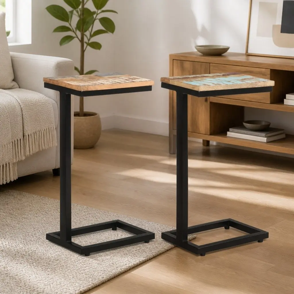 Solid Reclaimed Wood Side Tables 2 Piece Brown with Powder Coated Iron Legs