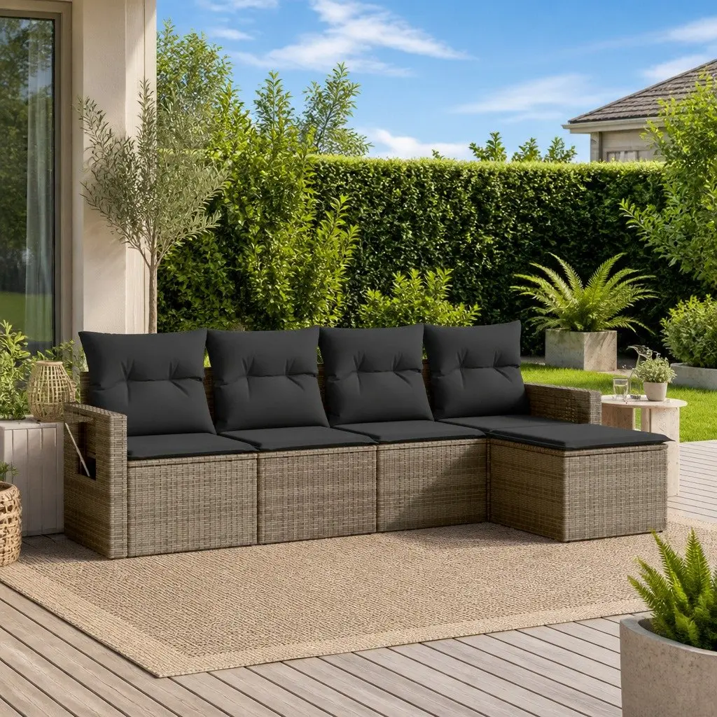 Garden Sofa Set PE Rattan 5 Piece Modular Grey with Cushions