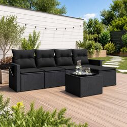 Garden Sofa Set 6 Piece Outdoor Patio Furniture Black Poly Rattan Lounge Couch