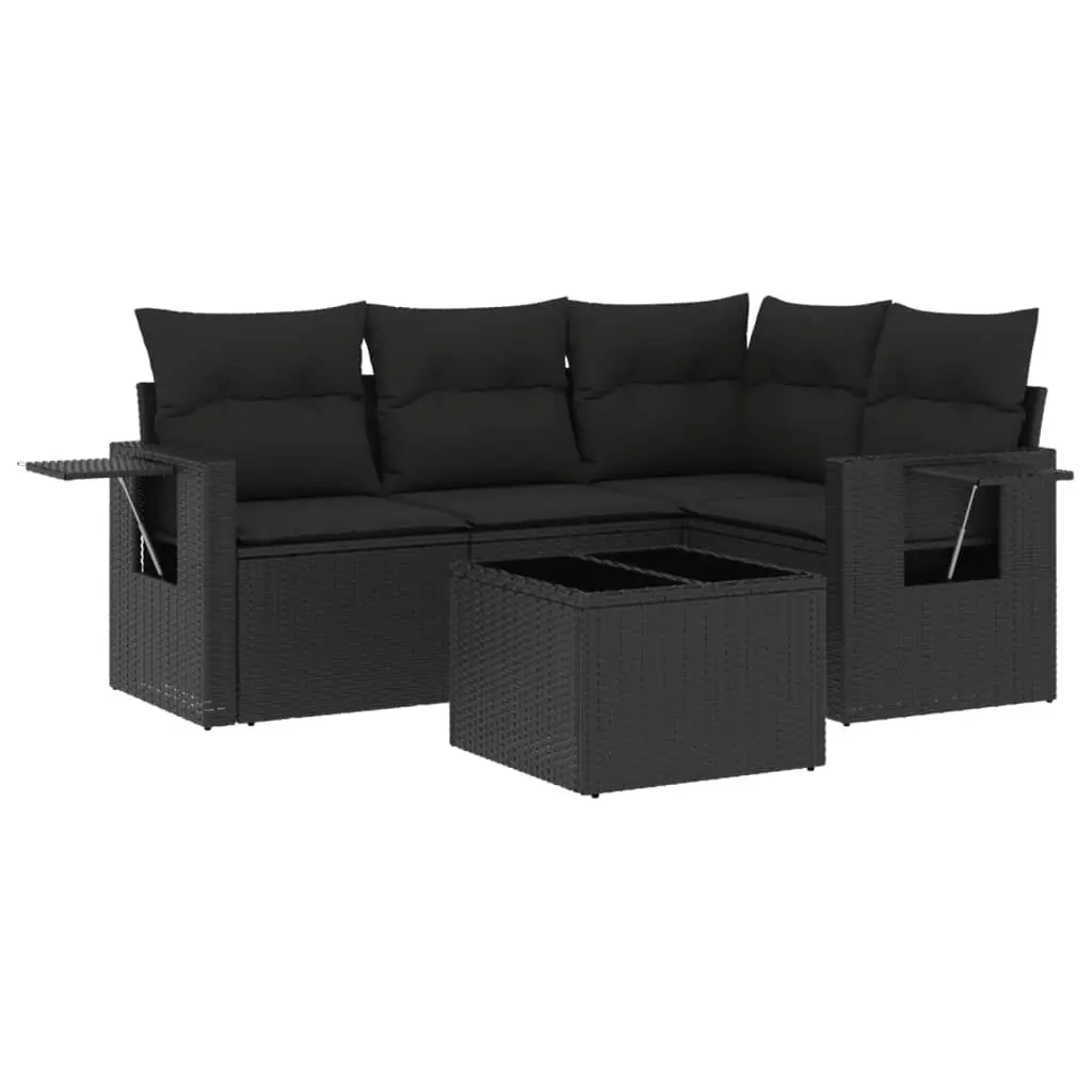 Garden Sofa Set PE Rattan 5 Piece Outdoor Furniture Black with Cushions and Table