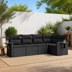 Durable 5-Piece Black Poly Rattan Garden Sofa Set