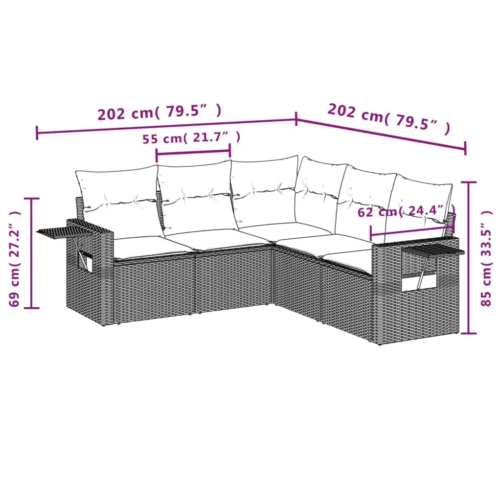 5 Piece Modular Garden Sofa Set with Foldable Side Tables
