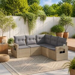 5 Piece Beige Poly Rattan Garden Sofa Set with Cushions