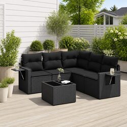 Black Poly Rattan 6-Piece Garden Sofa Set with Cushions