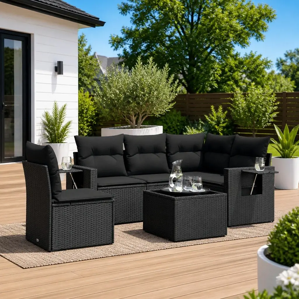 6 Piece Black Poly Rattan Garden Sofa Set for Outdoors