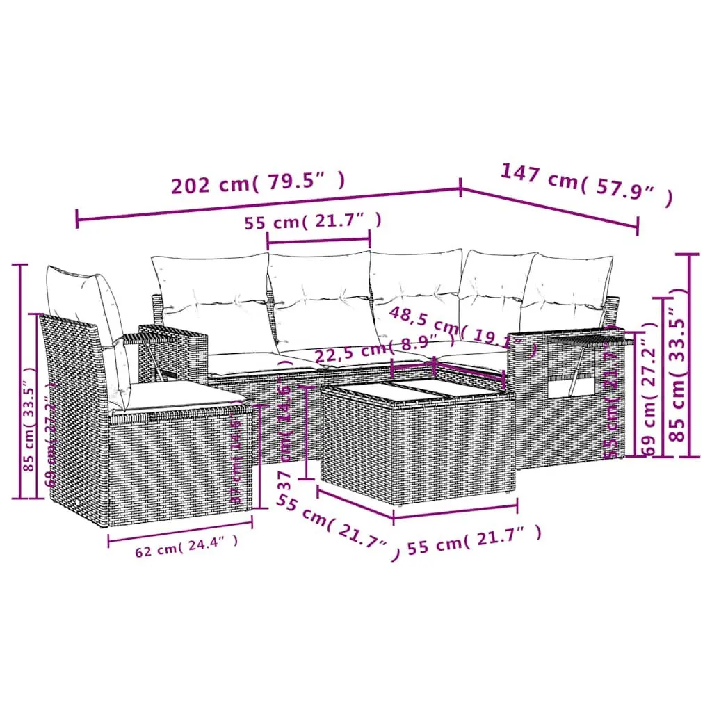 6 Piece Black Poly Rattan Garden Sofa Set for Outdoors
