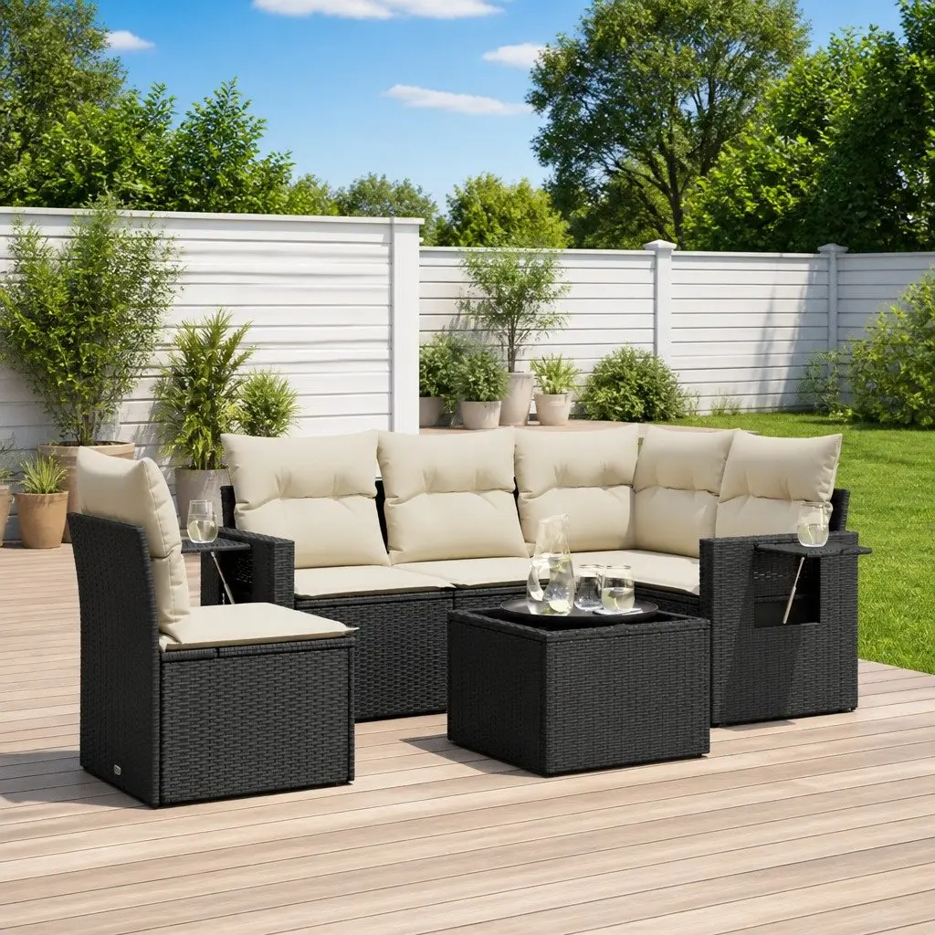 6 Piece Modular Patio Lounge Set in Black Poly Rattan