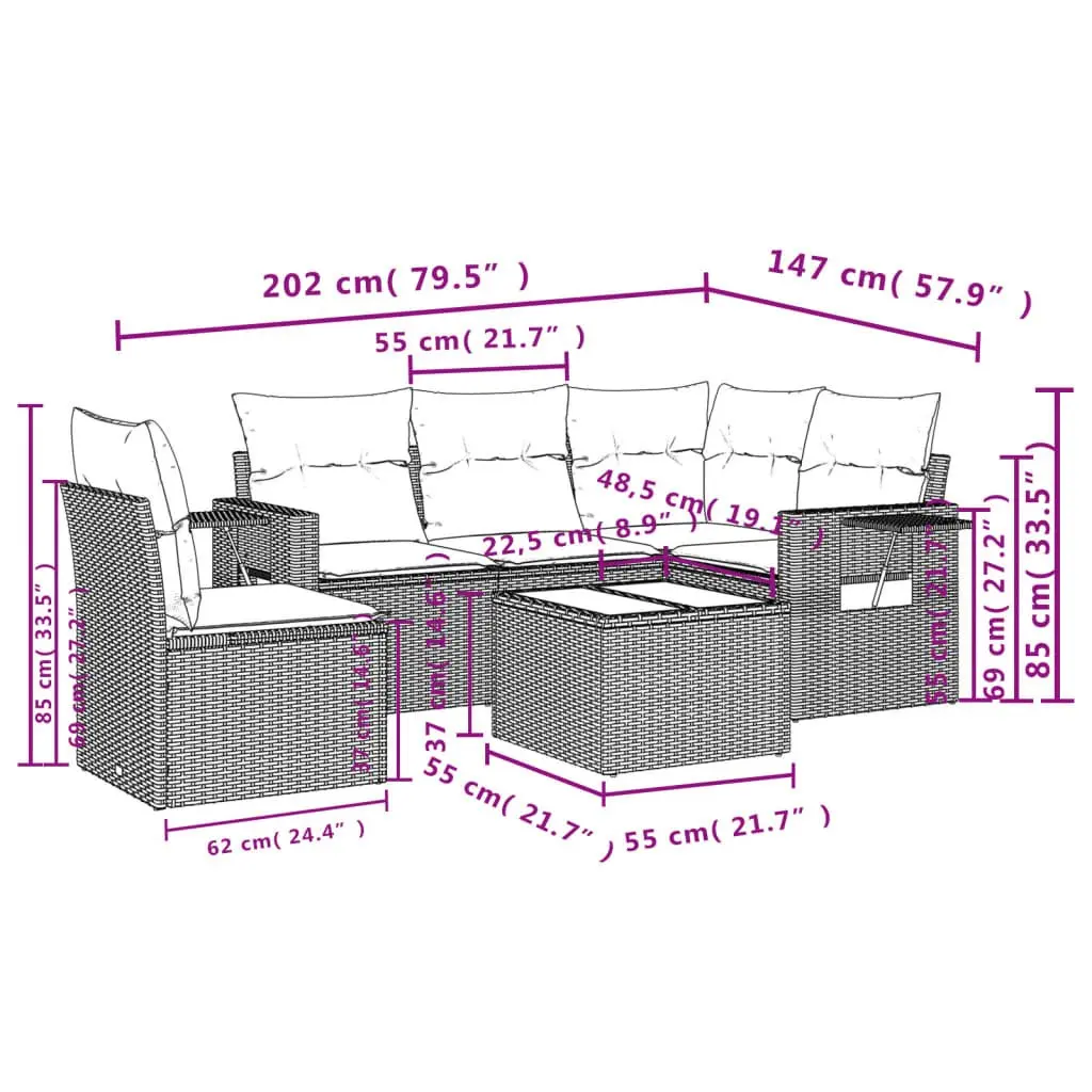 6 Piece Modular Patio Lounge Set in Black Poly Rattan