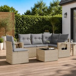 Beige Poly Rattan Outdoor Sofa Set 6 Pieces with Cushions