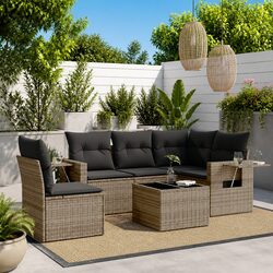 6 Piece Grey Poly Rattan Garden Sofa Set with Cushions