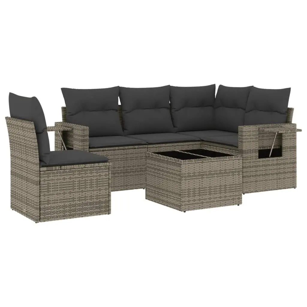 Garden Sofa Set PE Rattan 6 Piece Outdoor Furniture Grey with Cushions Glass