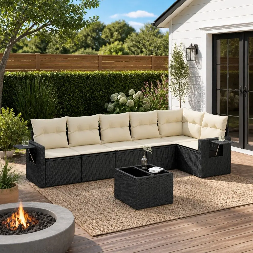 7 Piece Garden Sofa Set PE Rattan Black Modular Outdoor Furniture with Cushions