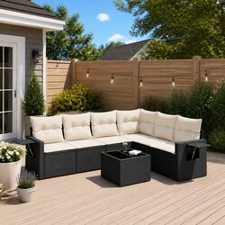 7 Piece Outdoor Sofa Set in Black PE Rattan with Cushions