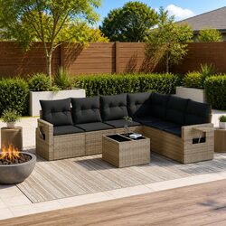 7 Piece Grey Poly Rattan Garden Sofa Set with Cushions