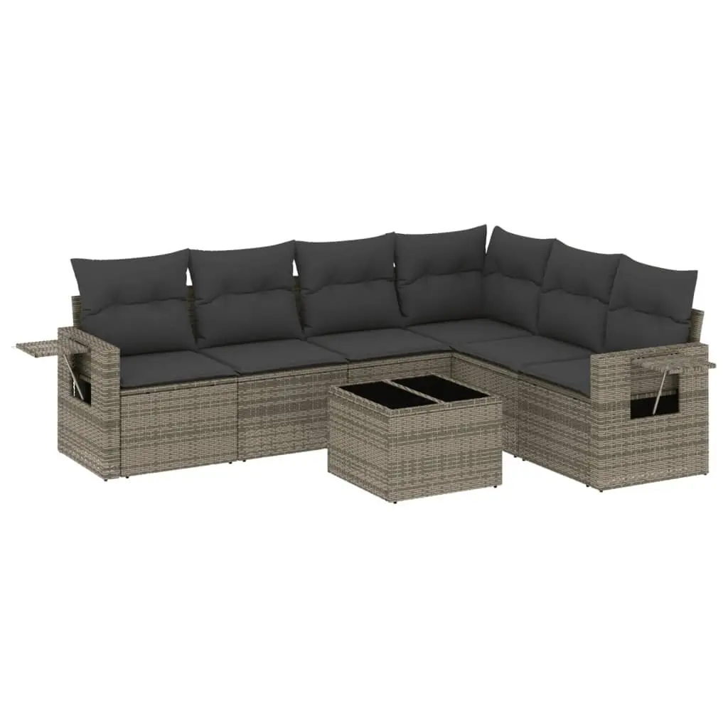 7 Piece Garden Sofa Set PE Rattan Grey Modular with Cushions and Tempered Glass Table